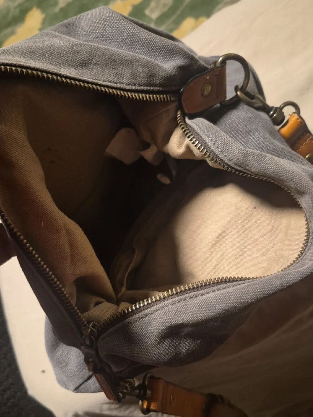 L.L. Bean Brown Leather and Gray Canvas Duffel Bag